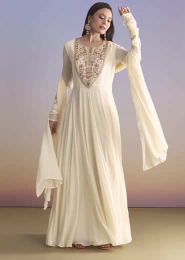 White Georgette Anarkali Suit With Resham and Sequins Work