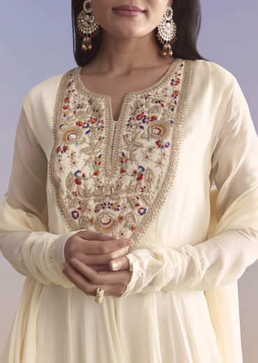 White Georgette Anarkali Suit With Resham and Sequins Work