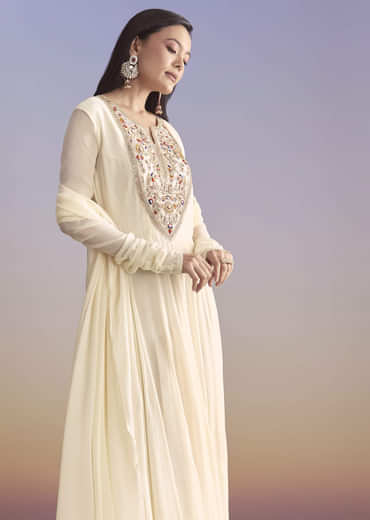 White Georgette Anarkali Suit With Resham and Sequins Work