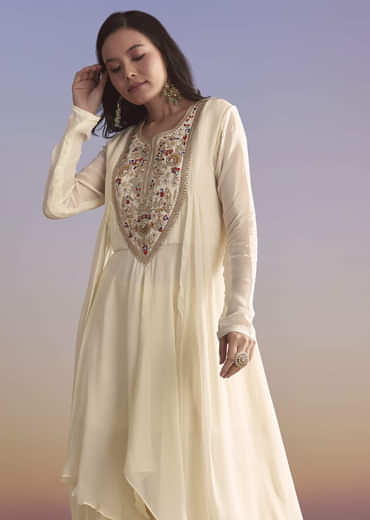 White Georgette Palazzo Suit With Resham and Sequins Embroidery
