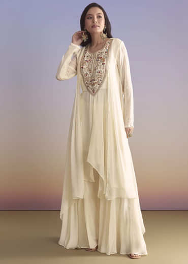 White Georgette Palazzo Suit With Resham and Sequins Embroidery