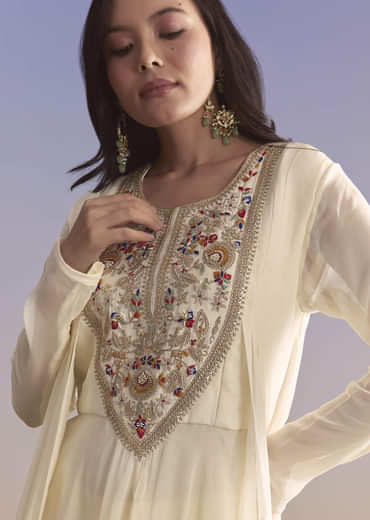 White Georgette Palazzo Suit With Resham and Sequins Embroidery