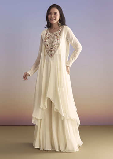 White Georgette Palazzo Suit With Resham and Sequins Embroidery