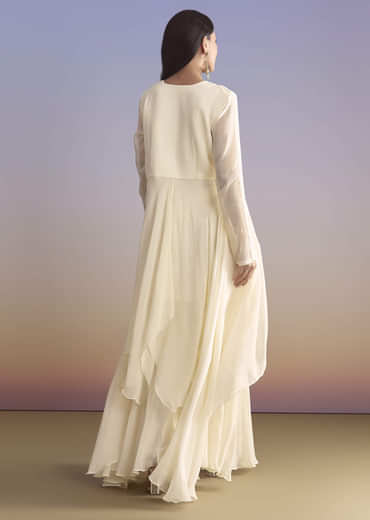 White Georgette Palazzo Suit With Resham and Sequins Embroidery