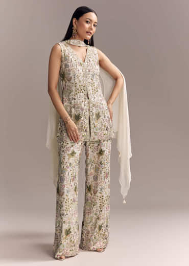 White Georgette Palazzo Suit With Sequins And Resham Embroidery