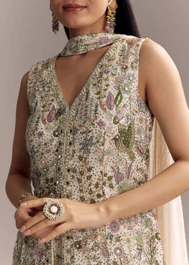 White Georgette Palazzo Suit With Sequins And Resham Embroidery