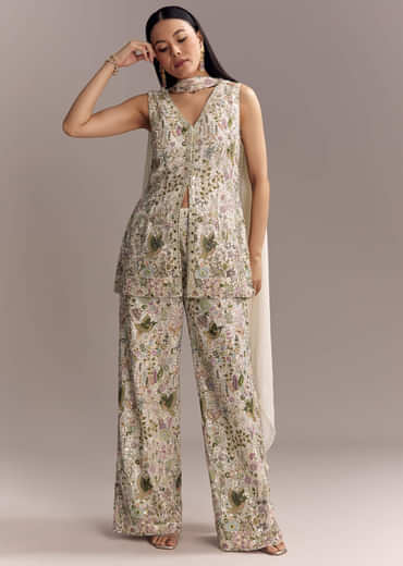 White Georgette Palazzo Suit With Sequins And Resham Embroidery