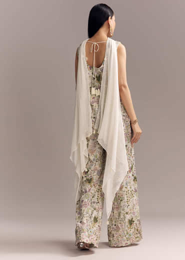 White Georgette Palazzo Suit With Sequins And Resham Embroidery