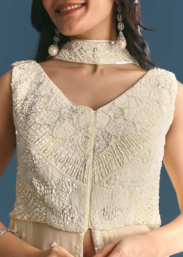 White Georgette Peplum Kurta Sharara Set With Beads And Sequins