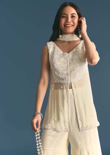 White Georgette Peplum Kurta Sharara Set With Beads And Sequins
