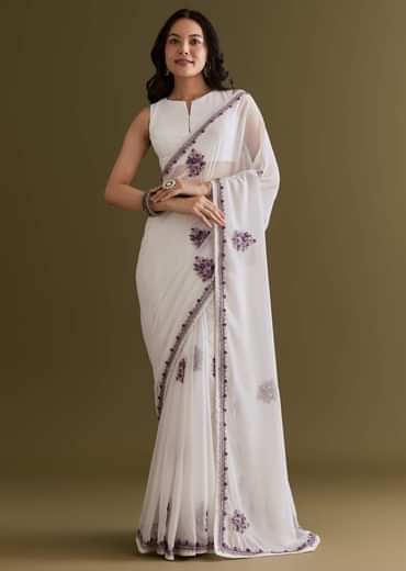 White Georgette Saree With Kashmiri Bud Embroidery