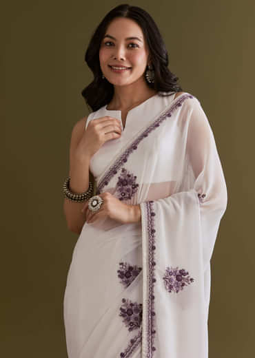 White Georgette Saree With Kashmiri Bud Embroidery