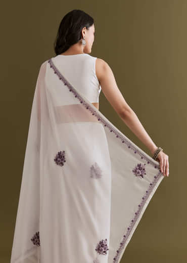 White Georgette Saree With Kashmiri Bud Embroidery
