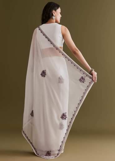 White Georgette Saree With Kashmiri Bud Embroidery