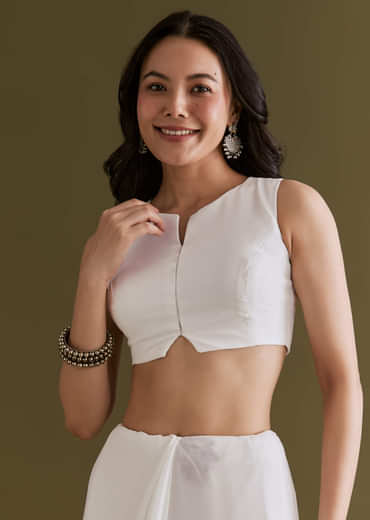 White Georgette Saree With Kashmiri Bud Embroidery