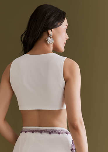 White Georgette Saree With Kashmiri Bud Embroidery