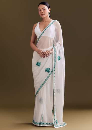 White Georgette Saree With Traditional Kashmiri Buds