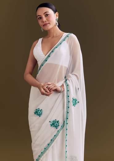 White Georgette Saree With Traditional Kashmiri Buds