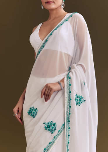 White Georgette Saree With Traditional Kashmiri Buds