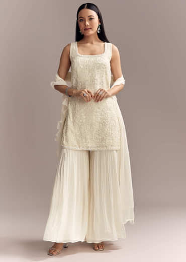 White Georgette Sharara Suit With Intricate Embroidery