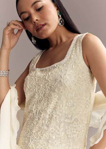 White Georgette Sharara Suit With Intricate Embroidery