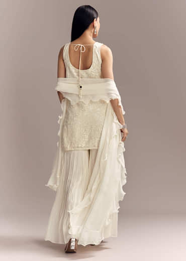 White Georgette Sharara Suit With Intricate Embroidery