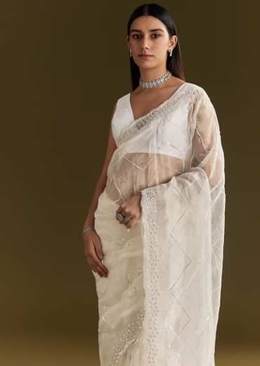White Glass Tissue Saree With Sequins Embroidery And Scallop Border
