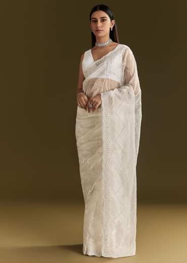 White Glass Tissue Saree With Sequins Embroidery And Scallop Border