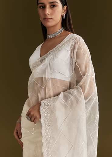 White Glass Tissue Saree With Sequins Embroidery And Scallop Border