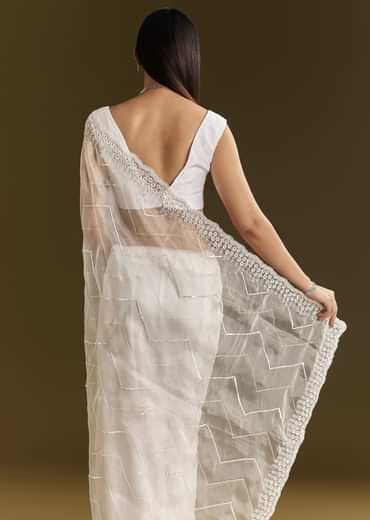 White Glass Tissue Saree With Sequins Embroidery And Scallop Border