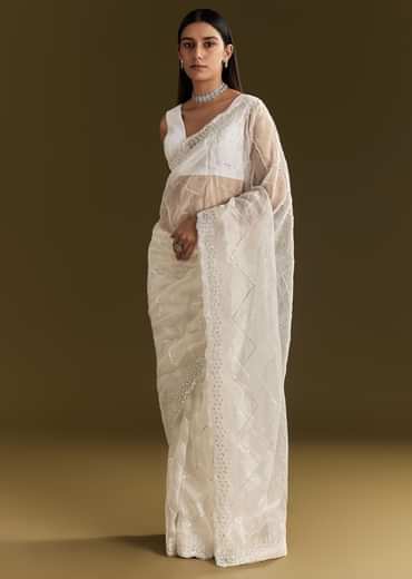 White Glass Tissue Saree With Sequins Embroidery And Scallop Border