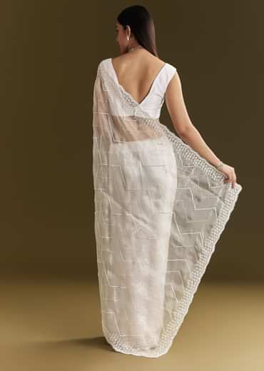 White Glass Tissue Saree With Sequins Embroidery And Scallop Border