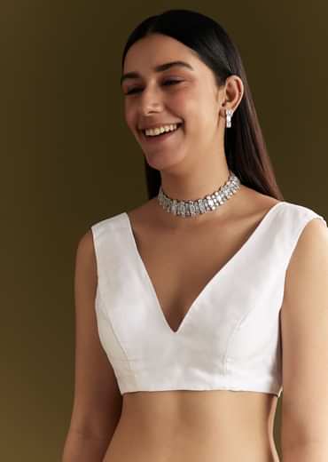 White Glass Tissue Saree With Sequins Embroidery And Scallop Border