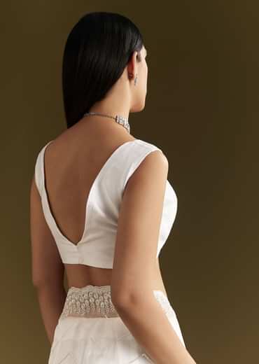 White Glass Tissue Saree With Sequins Embroidery And Scallop Border