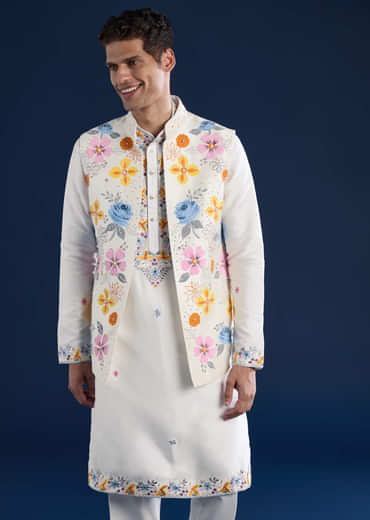 White Hand Painted Silk Jacket Kurta Set with Cutdana Work