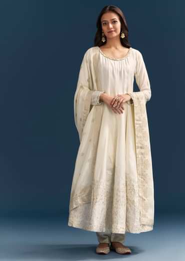 White Jacquard Anarkali Suit With Organza Dupatta