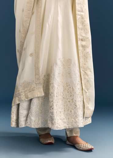 White Jacquard Anarkali Suit With Organza Dupatta