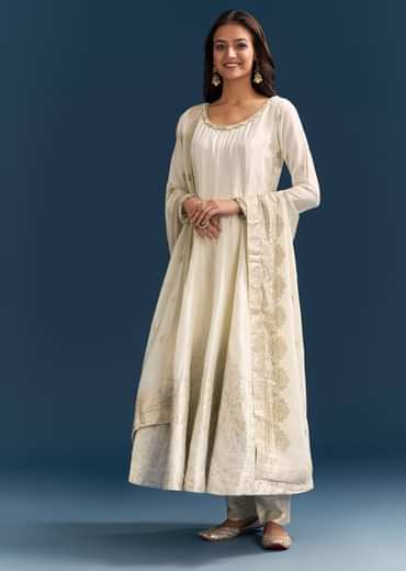 White Jacquard Anarkali Suit With Organza Dupatta
