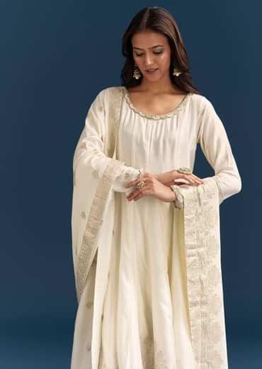 White Jacquard Anarkali Suit With Organza Dupatta