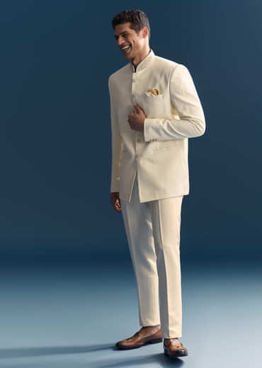 White Jacquard Jodhpuri Suit For Men With Hand Embroidery