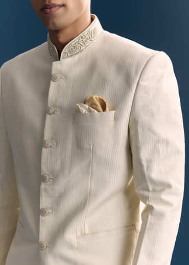 White Jacquard Jodhpuri Suit For Men With Hand Embroidery