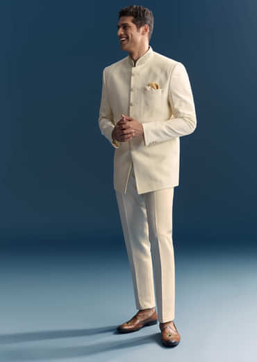 White Jacquard Jodhpuri Suit For Men With Hand Embroidery
