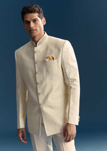 White Jacquard Jodhpuri Suit For Men With Hand Embroidery