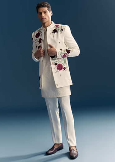White Jodhpuri Suit For Men With Floral Hand Embroidery