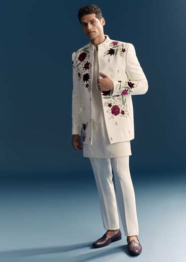 White Jodhpuri Suit For Men With Floral Hand Embroidery