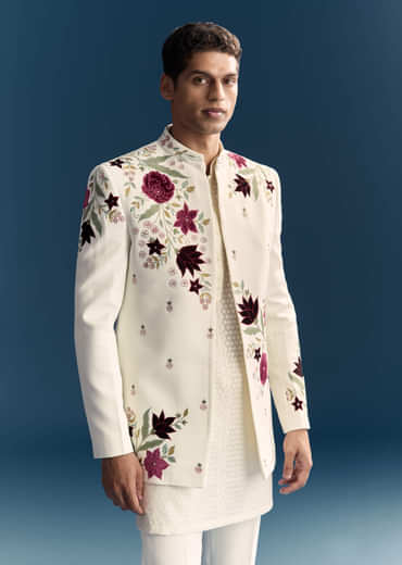 White Jodhpuri Suit For Men With Floral Hand Embroidery