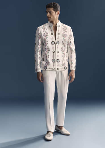 White Jodhpuri Suit For Men With Heavy Hand Embroidery