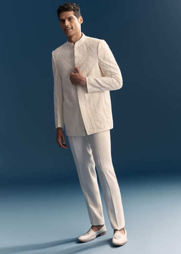 White Jodhpuri Suit For Men With Moti Work