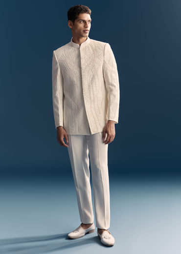 White Jodhpuri Suit For Men With Moti Work