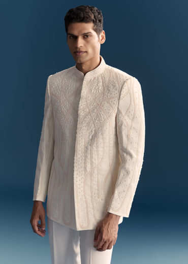 White Jodhpuri Suit For Men With Moti Work